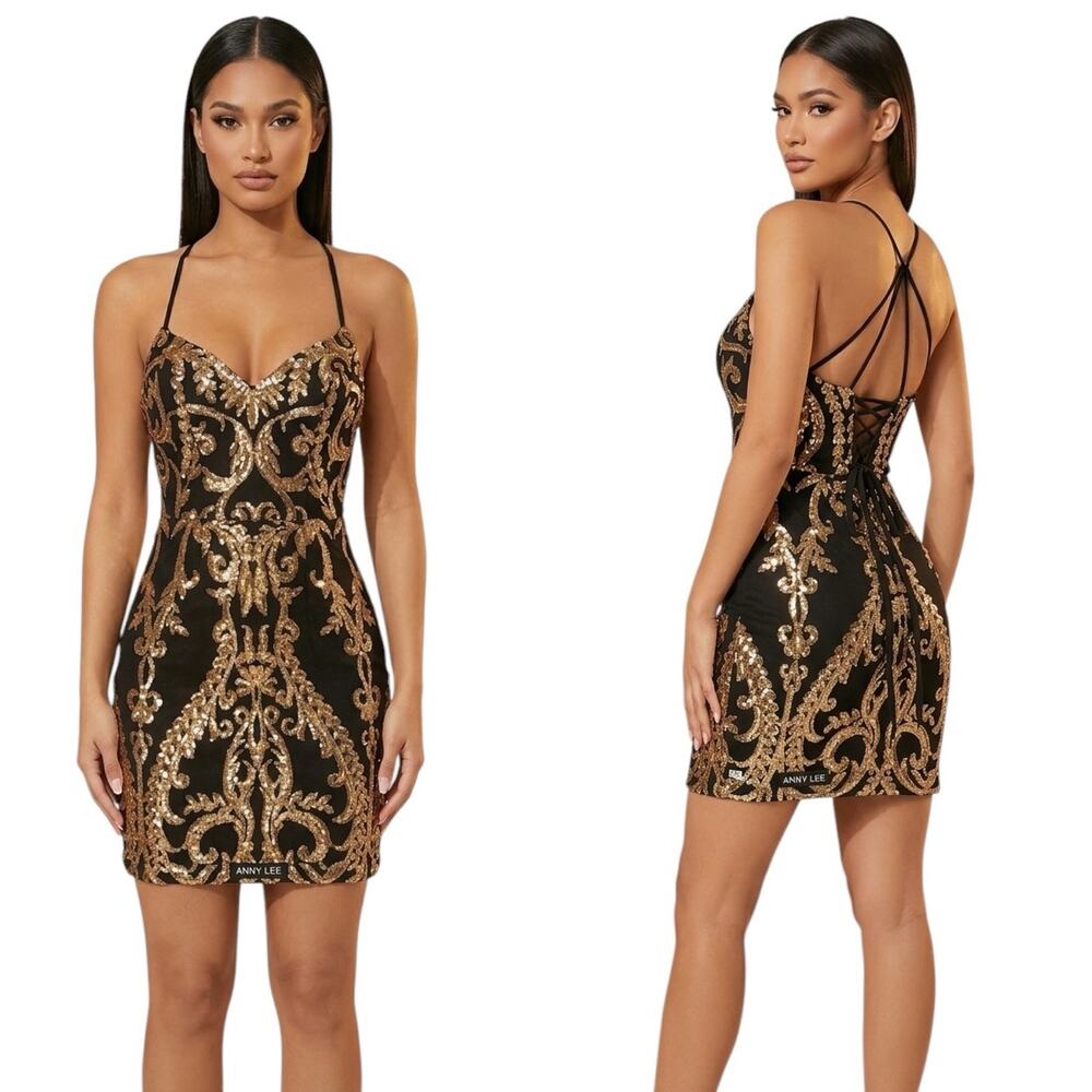 Anny Lee Gold Sequin Embroidered Cocktail Dress Lace-Up Corset Back Black XS